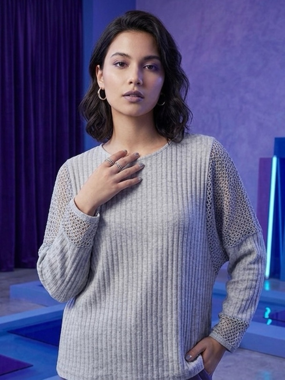 European Club Light Gray Ribbed Sweater with Mesh Sleeves - Women